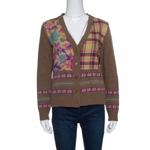 Etro Brown Patterned Wool Floral and Plaid Patch Detail Cardigan L