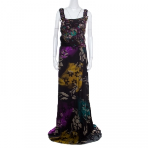 Pre Owned Etro Black Floral Printed Silk Beaded Strap Detail Draped Maxi Dress L