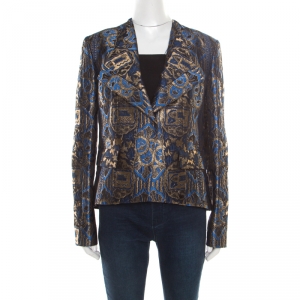 Pre Owned Etro Blue and Gold Lurex Embroidered Jacquard Jacket L