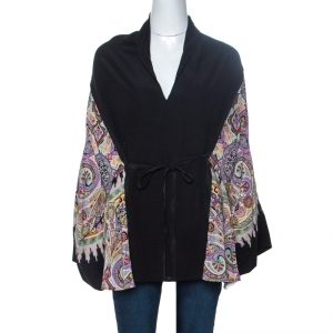 Pre Owned Etro Black Contrast Print Panelled Silk Drop Shoulder Top M