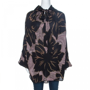 Pre Owned Etro Black Floral Print Silk Drop Shoulder Oversized Blouse M
