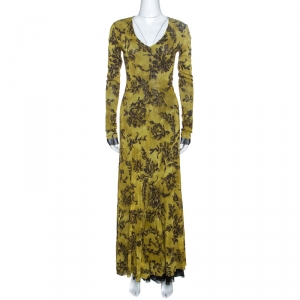 Pre Owned Etro Olive Green Printed Knit Flared Maxi Dress L