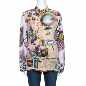 Etro Beige Animal Post Card Print Silk Long Sleeve Shirt L