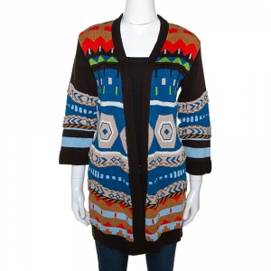 Etro Multicolor Geometric Jacquard Knit Open Front Cardigan S