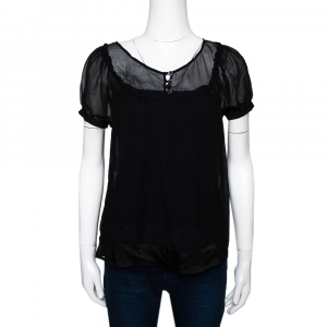 Pre Owned Etro Black Silk Chiffon Gathered Sheer Blouse S