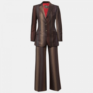 Etro Brown Striped Wool Single Breasted Blazer & Straight Leg Pant Set M