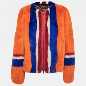 Pre Owned Etro Orange Striped Mink Fur Zip Front Jacket M