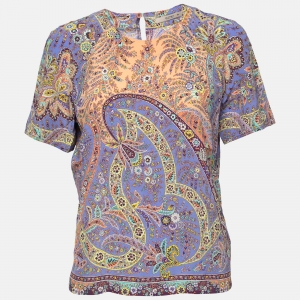 Pre Owned Etro Purple Paisley Print Silk Short Sleeve Top M