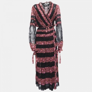 Pre Owned Etro Black Floral Printed Cotton and Lace Wrap Maxi Dress L