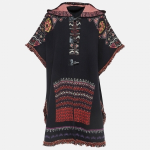 Pre Owned Etro Black Patterned Wool Fringe Detail Hooded Cardigan M