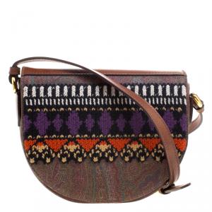 Pre Owned Etro Brown Paisley Coated Canvas Crochet Detail Shoulder Bag