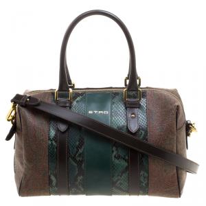 Etro Green Paisley Print and Python Embossed Leather Bowling Bag
