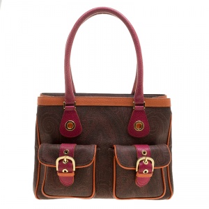 Etro Brown Multicolor Paisley Caoted Canvas Double Pocket Tote