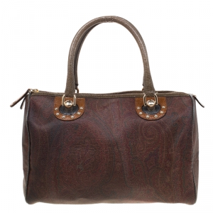 Etro Brown Paisley Printed Coated Canvas Boston Bag