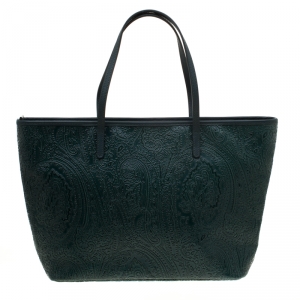 Pre Owned Etro Green Leather Paisley Embossed Shopper Tote
