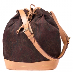 Pre Owned Etro Brown Paisley Printed Satin and Leather Drawstring Bucket Bag