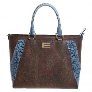Etro Brown/Blue Paisley Print Coated Canvas and Croc Embossed Leather E Logo Tote