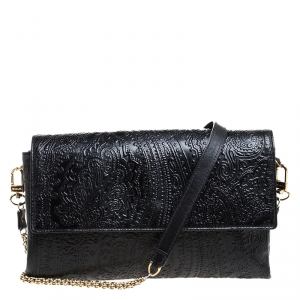Etro Black Leather Embossed Flap Shoulder Bag