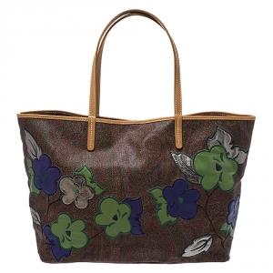 Pre Owned Etro Brown Paisley Embroidered Coated Canvas Tote