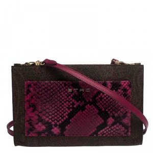 Pre Owned Etro Paisley Printed Coated Canvas and Snakeskin Effect Leather Crossbody Bag