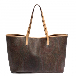 Pre Owned Etro Brown Paisley Printed Coated Canvas and Leather Shopper Tote