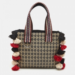 Etro Multicolor Printed Woven Straw and Canvas Pom Pom Embellished Tote  
