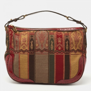 Etro Red/Multicolor Printed Canvas and Croc Embossed Leather Hobo