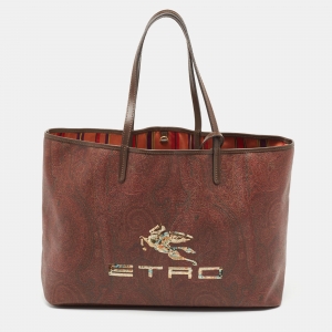 Etro Brown Paisley Print Coated Canvas Sequin Logo Shopper Tote