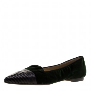 Etro Dark Green Velvet And Black Quilted Leather Pointed Cap Toe Smoking Slipper Size 40