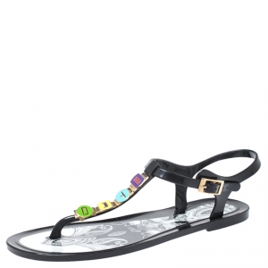  Etro Black Jelly Multicolor Metal Logo Embellished Thong Flats Size 39