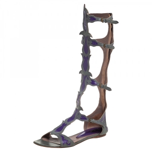 Etro Grey/Purple Leather Flat Gladiator Sandals Size 38