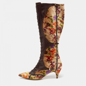 Etro Multicolor Leather and Floral Printed Velvet Knee Length Boots Size 39.5