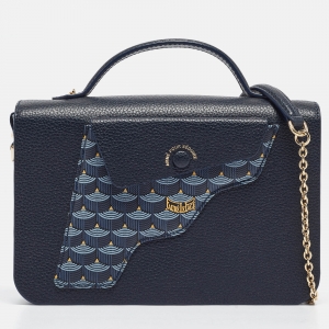 Fauré Le Page Navy Blue Leather and Coated Canvas Calibre 21 Top Handle Bag
