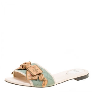 Pre Owned Fendi Moss Green Stretch Knit Bow Embellished Flat Slides Size 38.5