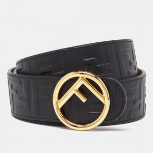 مملوكة مسبقًا Fendi Black Zucca Leather F is Fendi Belt 90CM