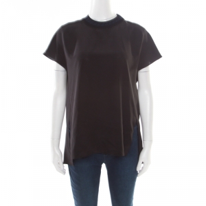 Pre Owned Fendi Black Silk Ribbed Logo Neck Trim Detail Top S