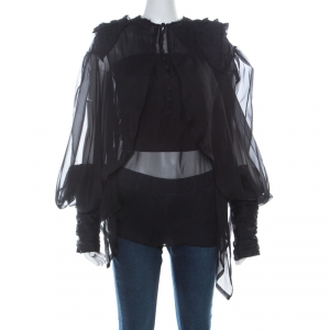 Pre Owned Fendi Black Sheer Silk Ruched Power Shoulder Blouse M