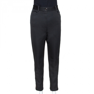 Pre Owned Fendi Black Pique Jersey Logo Band Detail Trousers M