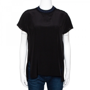 Pre Owned Fendi Black Silk Ribbed Logo Neck Trim Detail Top S