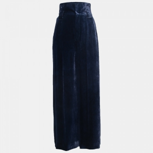 Pre Owned Fendi Blue Velvet High Waist Wide Leg Trousers S