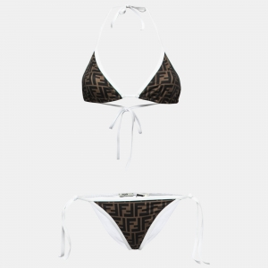 Fendi Brown/ White FF Monogram Print Nylon Triangle Bikini S
