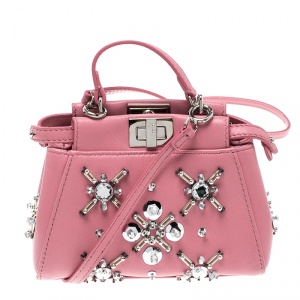 Pre Owned Fendi Pink Leather Micro Crystal Embellished Peekaboo Crossbody Bag