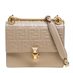 Pre Owned Fendi Taupe Leather Small Kan I Logo Embossed Shoulder Bag