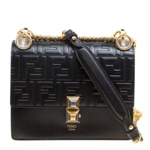 Pre Owned Fendi Black Leather Small Kan I Logo Embossed Shoulder Bag