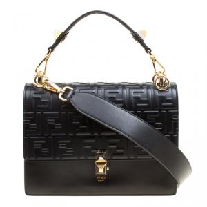 Pre Owned Fendi Black Leather Kan I Logo Embossed Top Handle Shoulder Bag