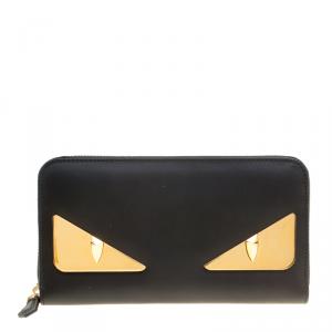 Pre Owned Fendi Black Leather Metallic Monster Eyes Bugs Zip Around Wallet
