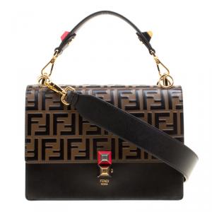Pre Owned Fendi Brown/Black Leather Kan I Logo Embossed Top Handle Shoulder Bag
