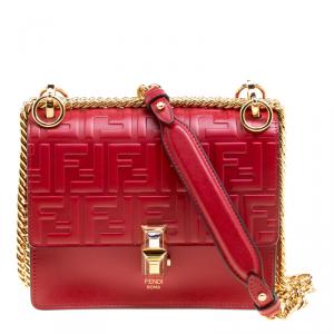 Pre Owned Fendi Red Leather Small Kan I Logo Embossed Shoulder Bag