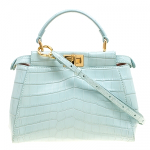 Pre Owned Fendi Mint Green Crocodile Mini Peekaboo Top Handle Bag