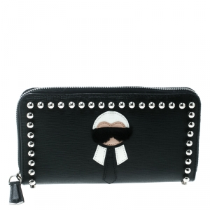 Pre Owned Fendi Black Leather Karlito Zip Around Wallet